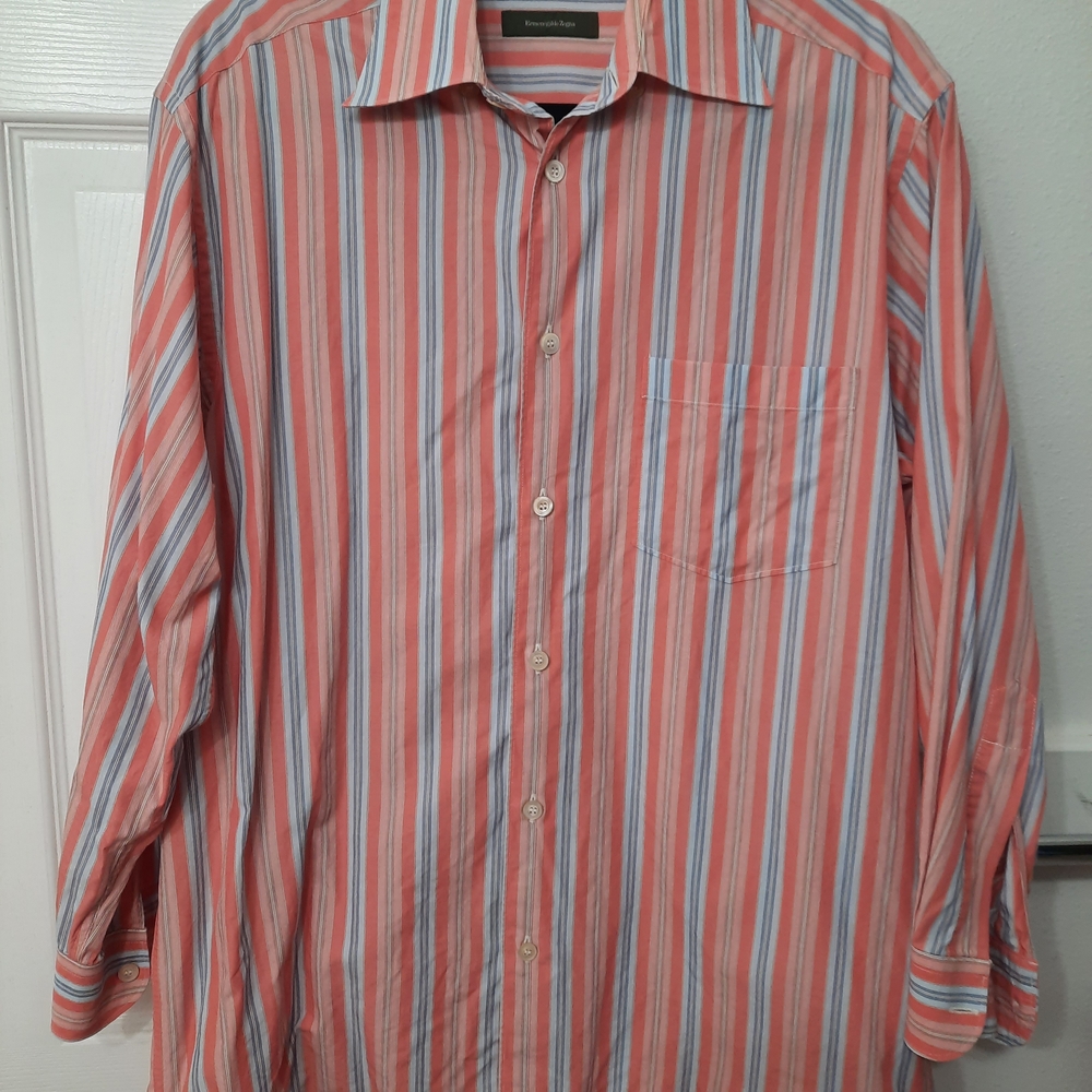 Ermenegildo Zegna Men’s Coral & Gray Striped Button Down Shirt L (Fits L/XL)